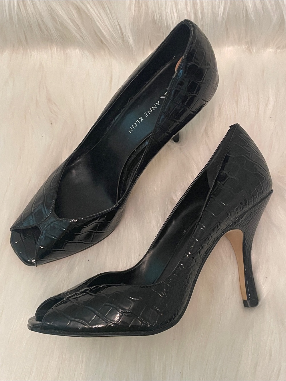 Anne Klein - Black Croc-Embossed Peep-Toe Stilettos - 7